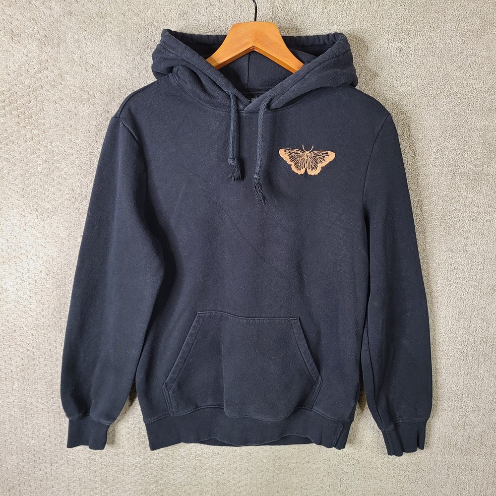 H&M Hoodie Mens Small Black Moth‎ Pullover Butterfly Embroidered Logo Sweatshirt